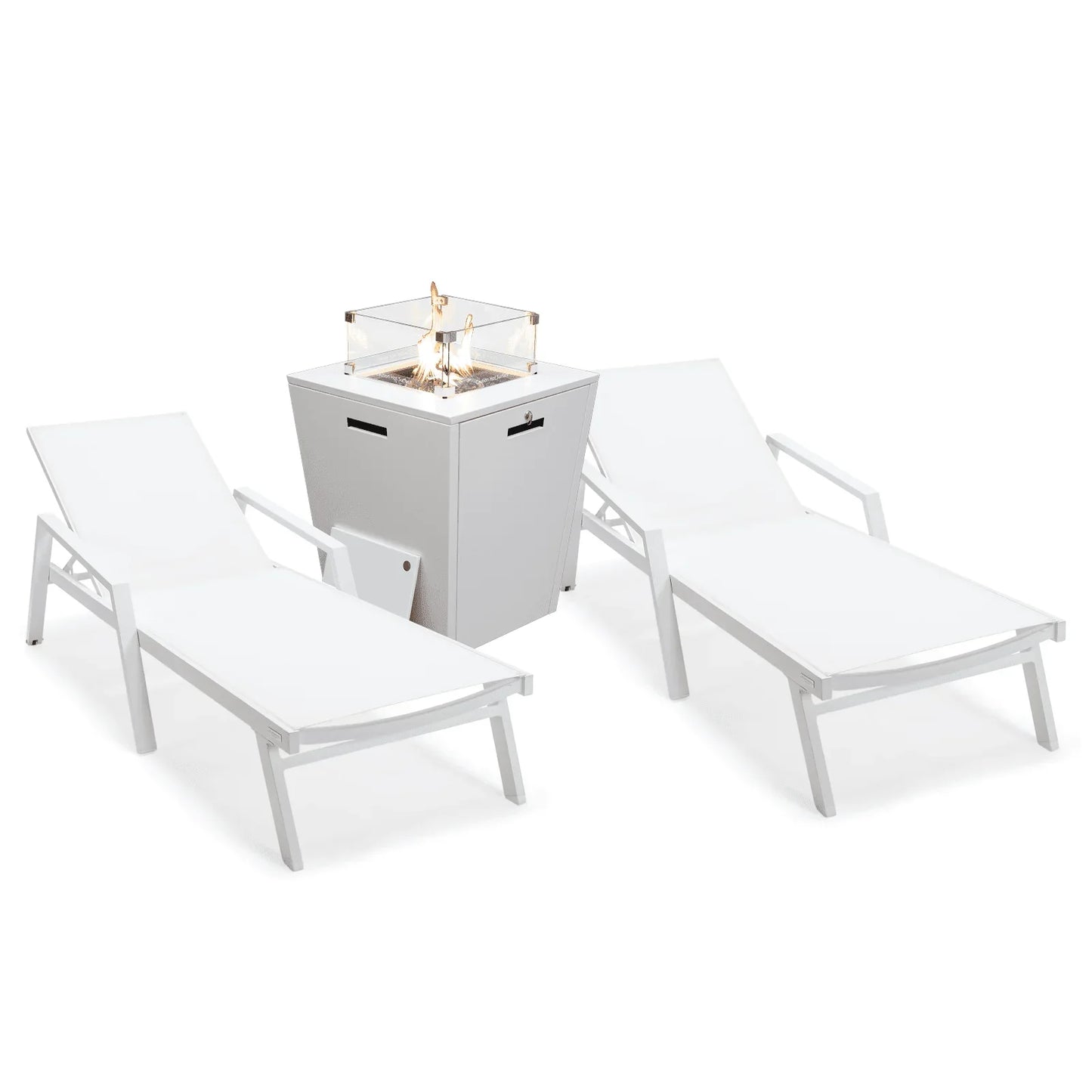 Marlin Modern White Aluminum Outdoor Chaise Lounge Chair Set of 2 With Arms And Square Fire Pit Side Table for Patio - Elax Furniture