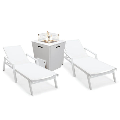 Marlin Modern White Aluminum Outdoor Chaise Lounge Chair Set of 2 With Arms And Square Fire Pit Side Table for Patio - Elax Furniture
