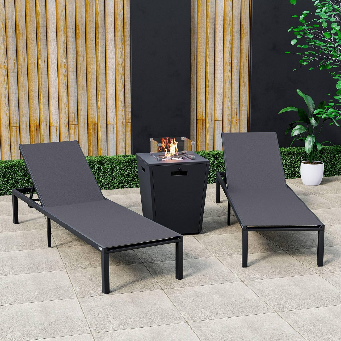 Marlin Modern Black Aluminum Outdoor Chaise Lounge Chair With Square Fire Pit Side Table Set of 2 - Elax Furniture