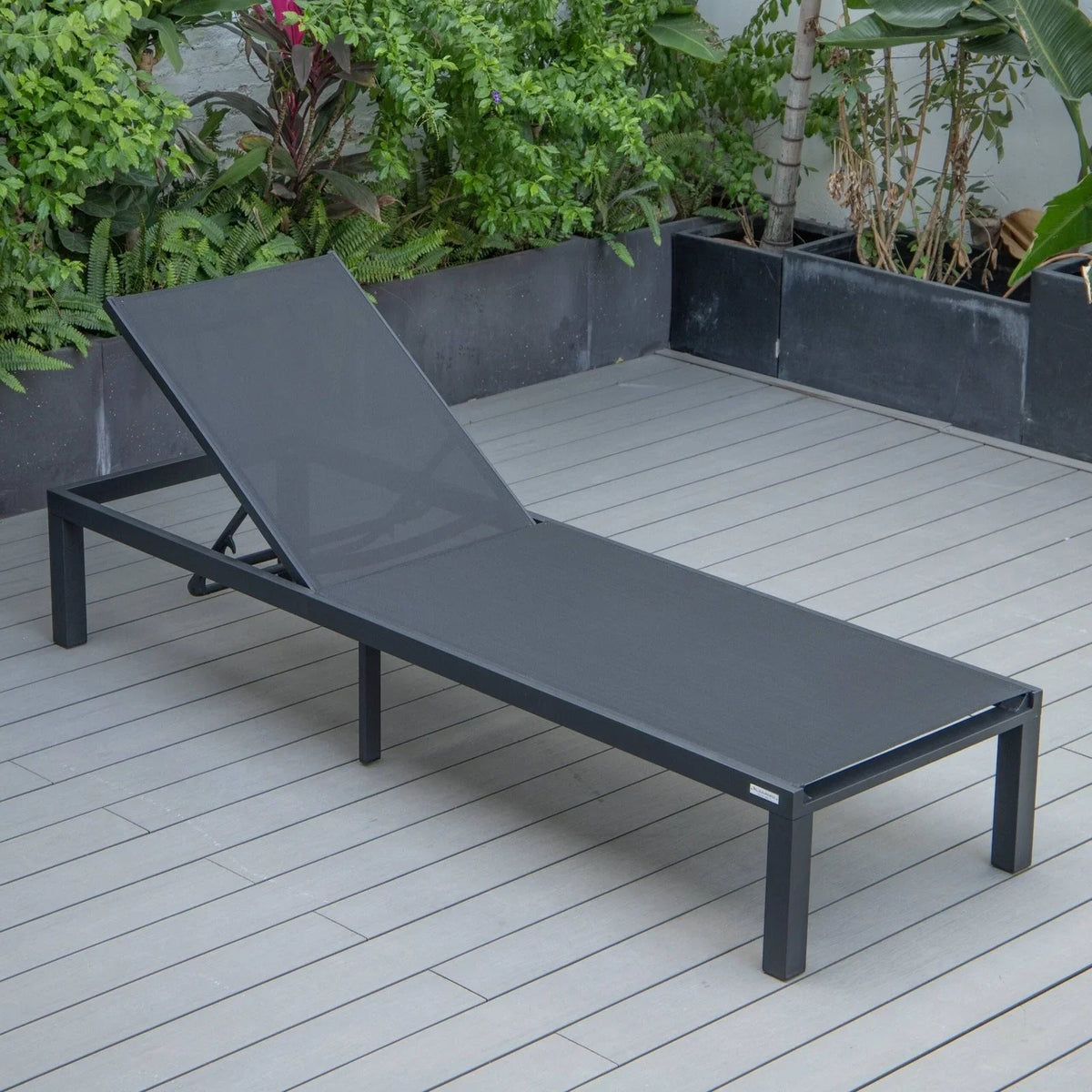 Marlin Modern Black Aluminum Outdoor Chaise Lounge Chair With Square Fire Pit Side Table Set of 2 - Elax Furniture