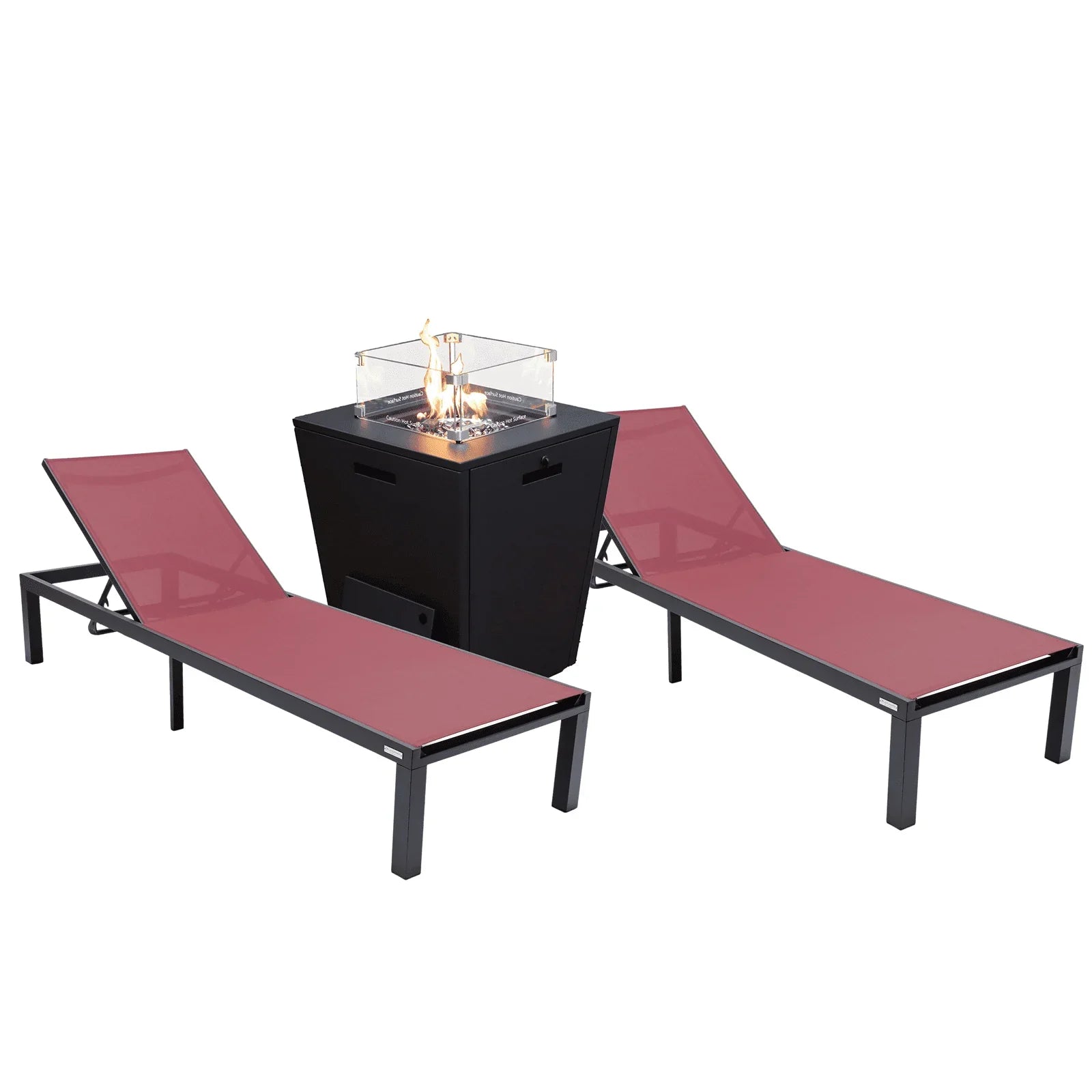 Marlin Modern Black Aluminum Outdoor Chaise Lounge Chair With Square Fire Pit Side Table Set of 2 - Elax Furniture
