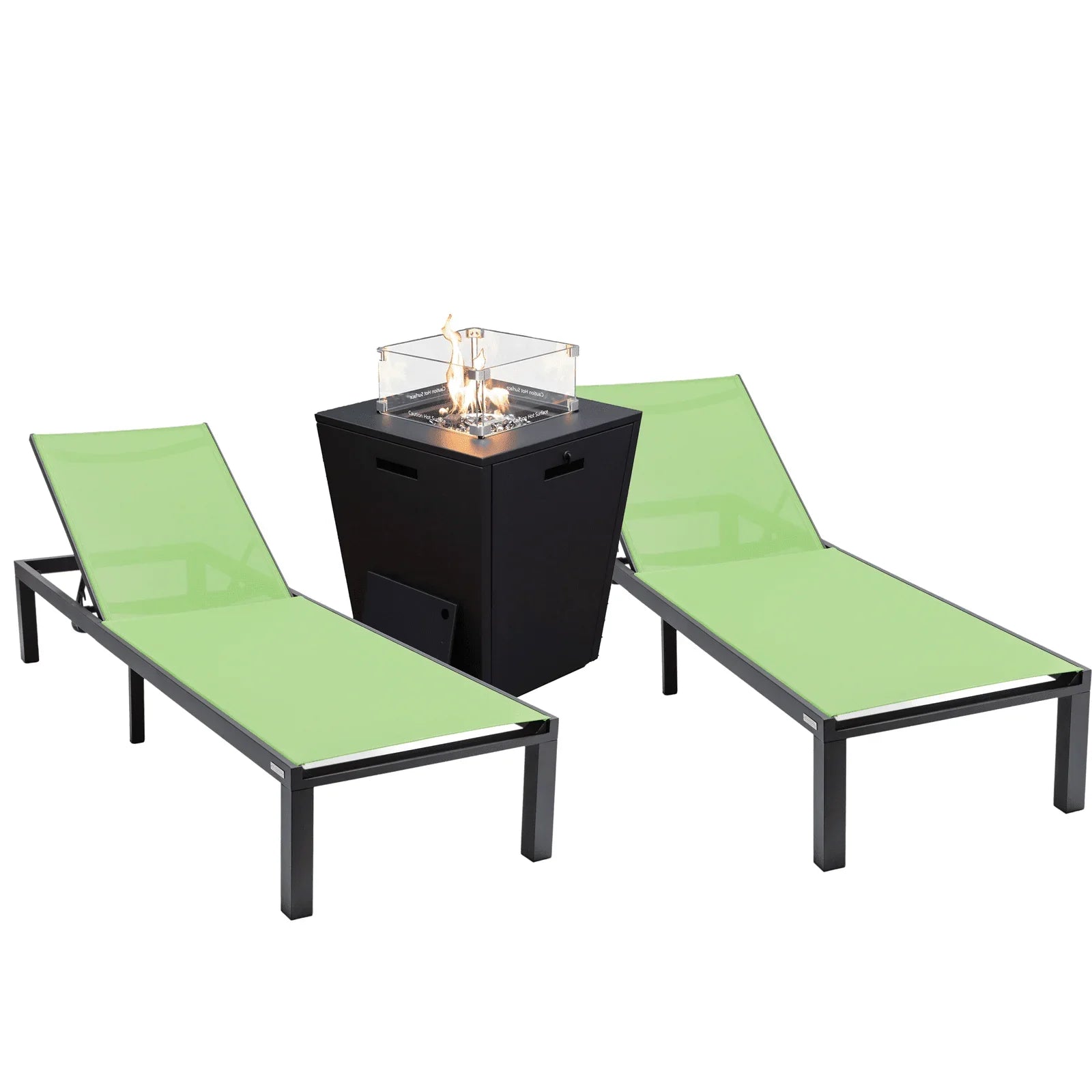 Marlin Modern Black Aluminum Outdoor Chaise Lounge Chair With Square Fire Pit Side Table Set of 2 - Elax Furniture