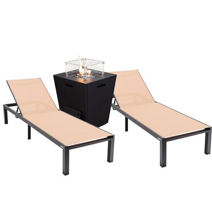 Marlin Modern Black Aluminum Outdoor Chaise Lounge Chair With Square Fire Pit Side Table Set of 2 - Elax Furniture