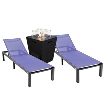 Marlin Modern Black Aluminum Outdoor Chaise Lounge Chair With Square Fire Pit Side Table Set of 2 - Elax Furniture