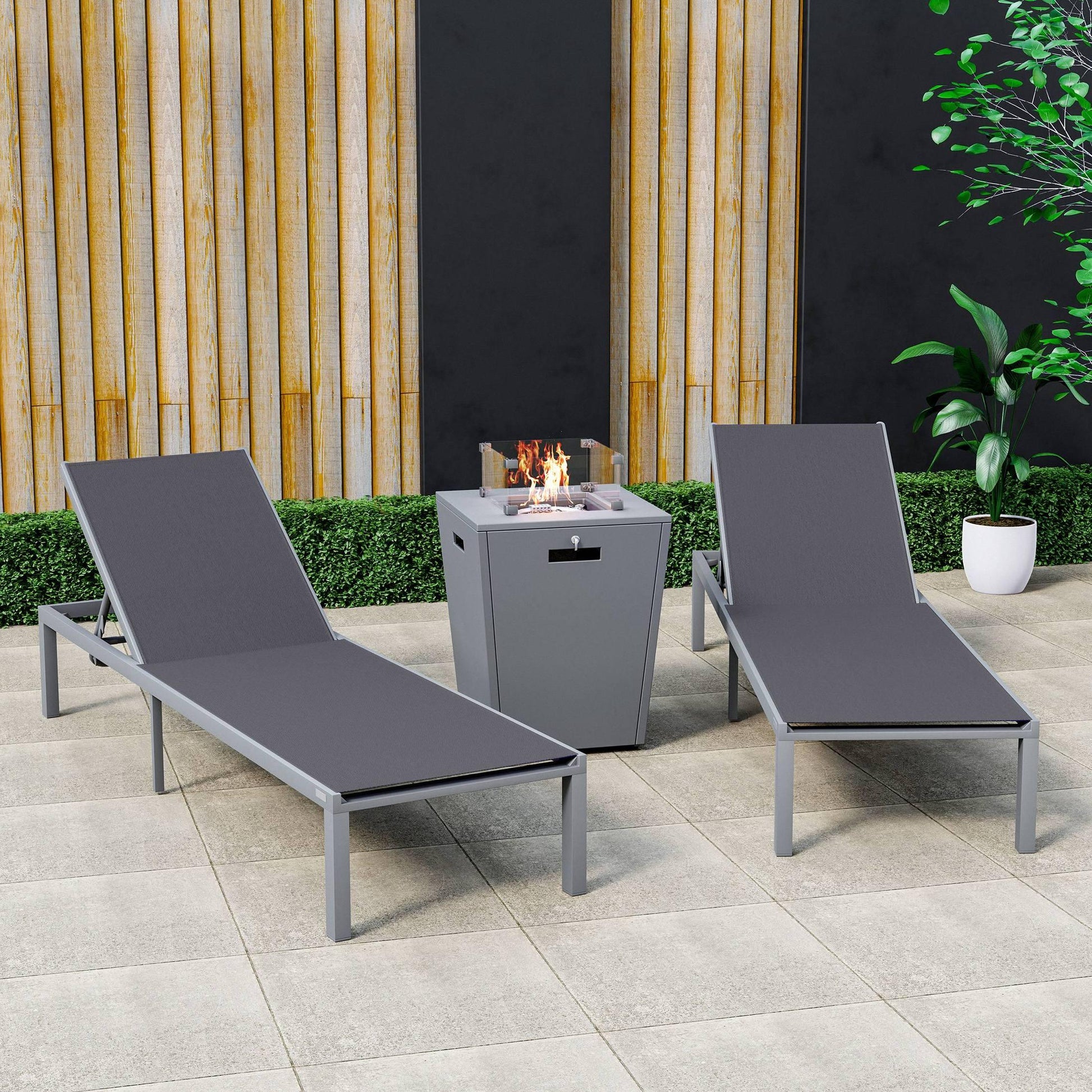 Marlin Modern Gray Aluminum Outdoor Chaise Lounge Chair With Square Fire Pit Side Table Set of 2 - Elax Furniture