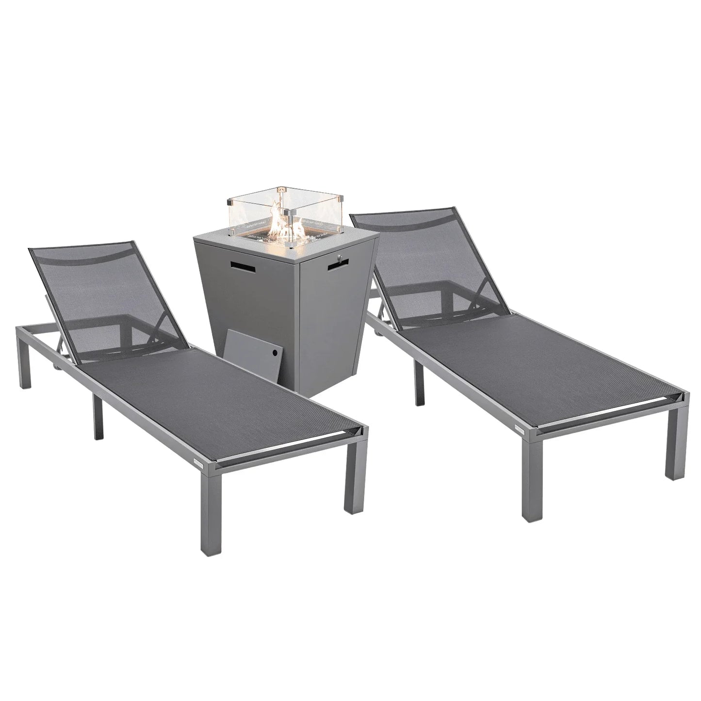 Marlin Modern Gray Aluminum Outdoor Chaise Lounge Chair With Square Fire Pit Side Table Set of 2 - Elax Furniture