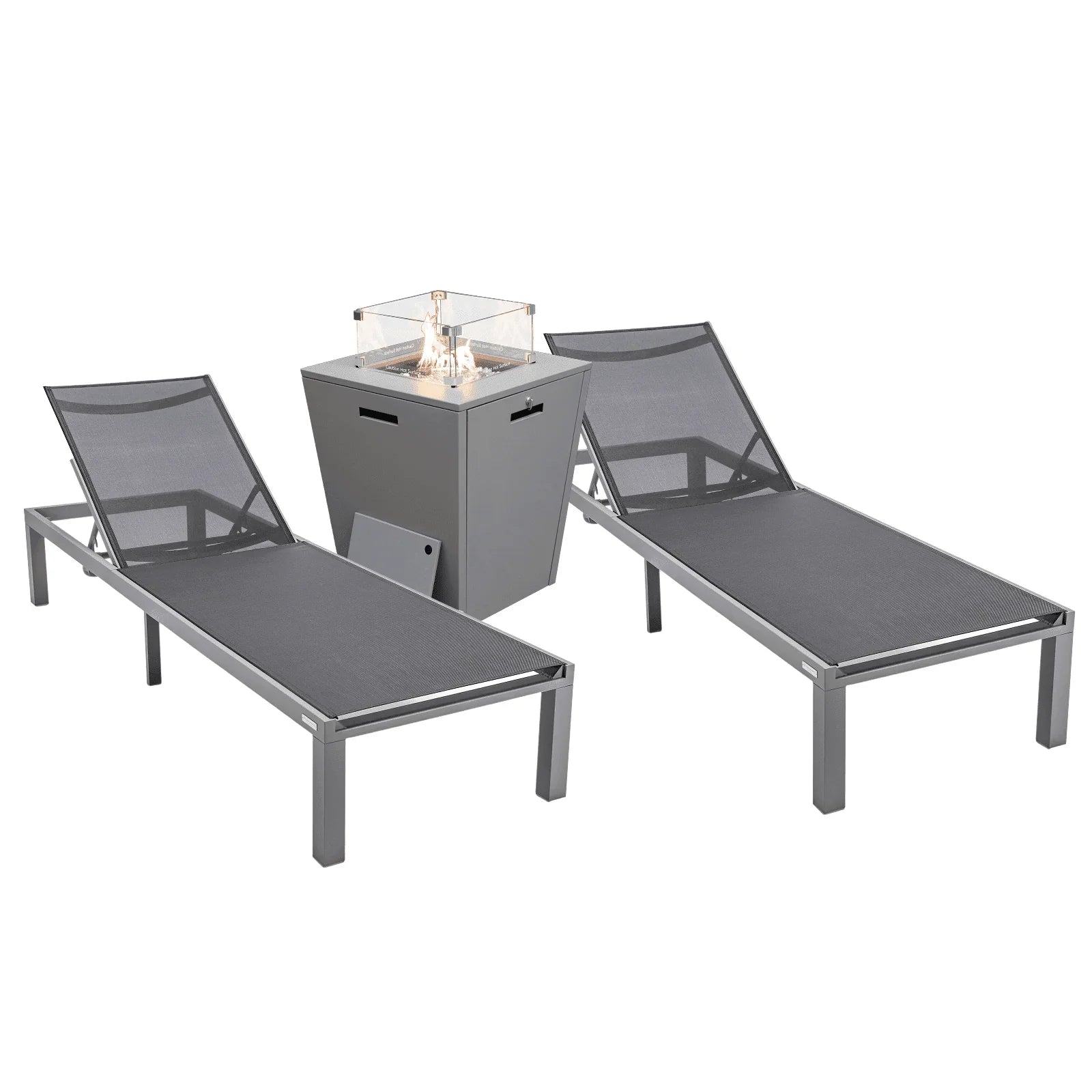Marlin Modern Gray Aluminum Outdoor Chaise Lounge Chair With Square Fire Pit Side Table Set of 2 - Elax Furniture