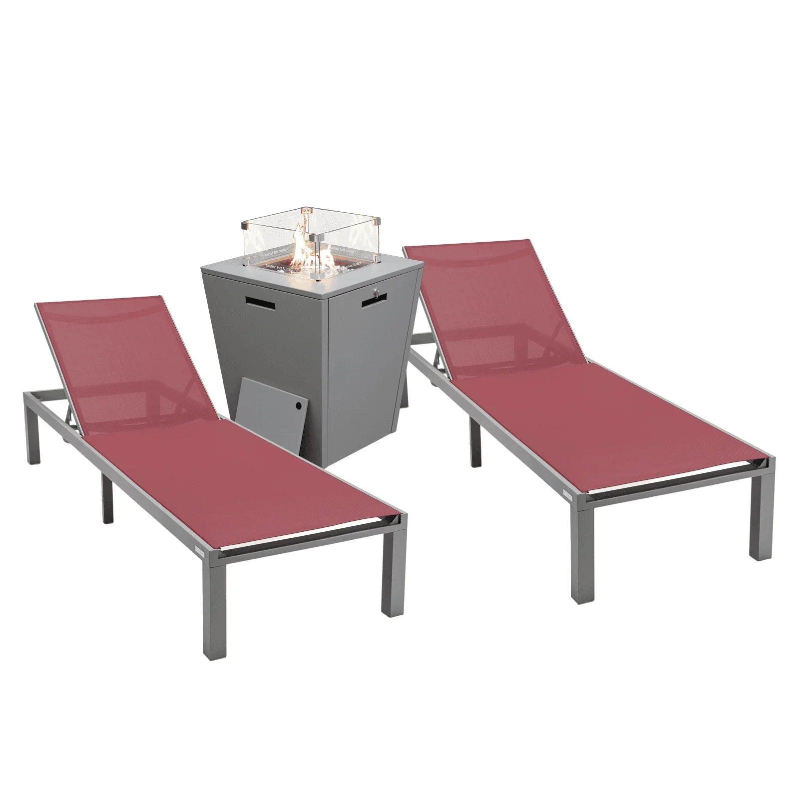 Marlin Modern Gray Aluminum Outdoor Chaise Lounge Chair With Square Fire Pit Side Table Set of 2 - Elax Furniture