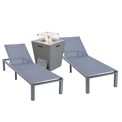 Marlin Modern Gray Aluminum Outdoor Chaise Lounge Chair With Square Fire Pit Side Table Set of 2 - Elax Furniture