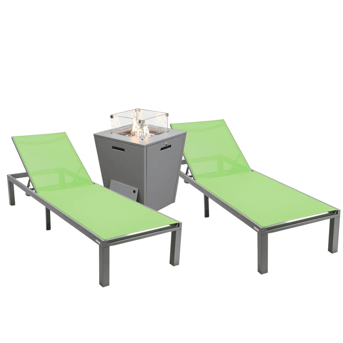 Marlin Modern Gray Aluminum Outdoor Chaise Lounge Chair With Square Fire Pit Side Table Set of 2 - Elax Furniture