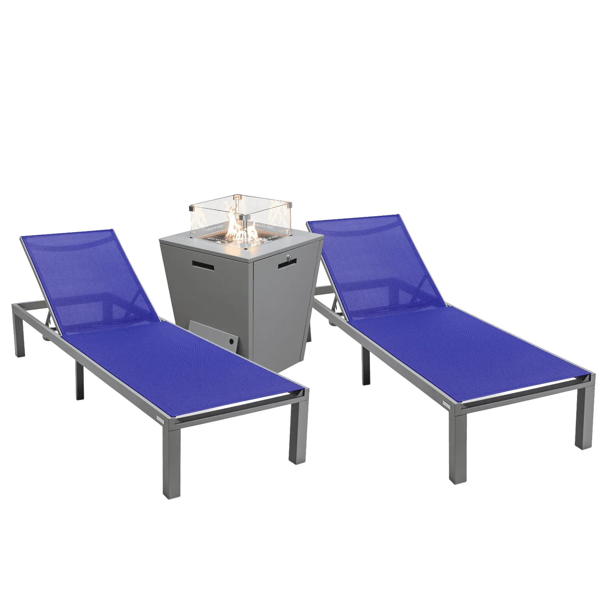 Marlin Modern Gray Aluminum Outdoor Chaise Lounge Chair With Square Fire Pit Side Table Set of 2 - Elax Furniture