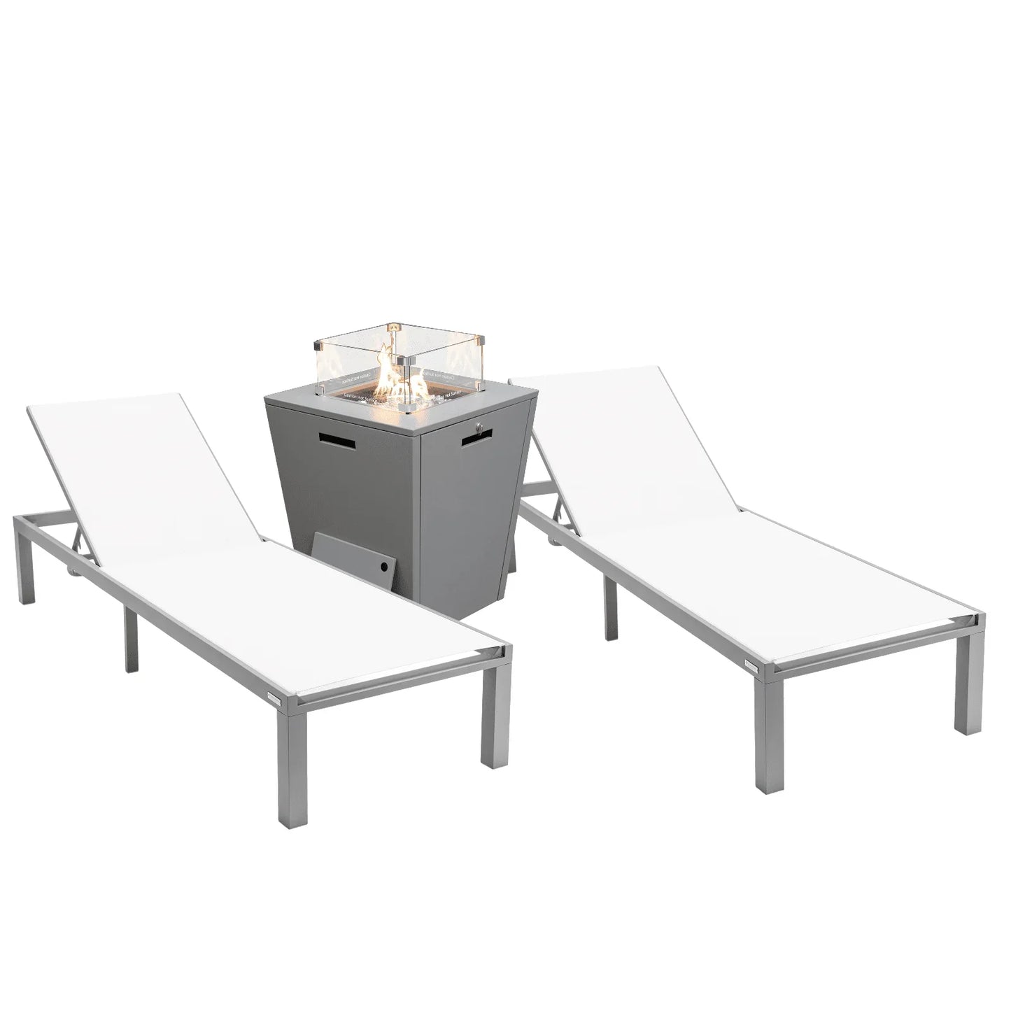 Marlin Modern Gray Aluminum Outdoor Chaise Lounge Chair With Square Fire Pit Side Table Set of 2 - Elax Furniture