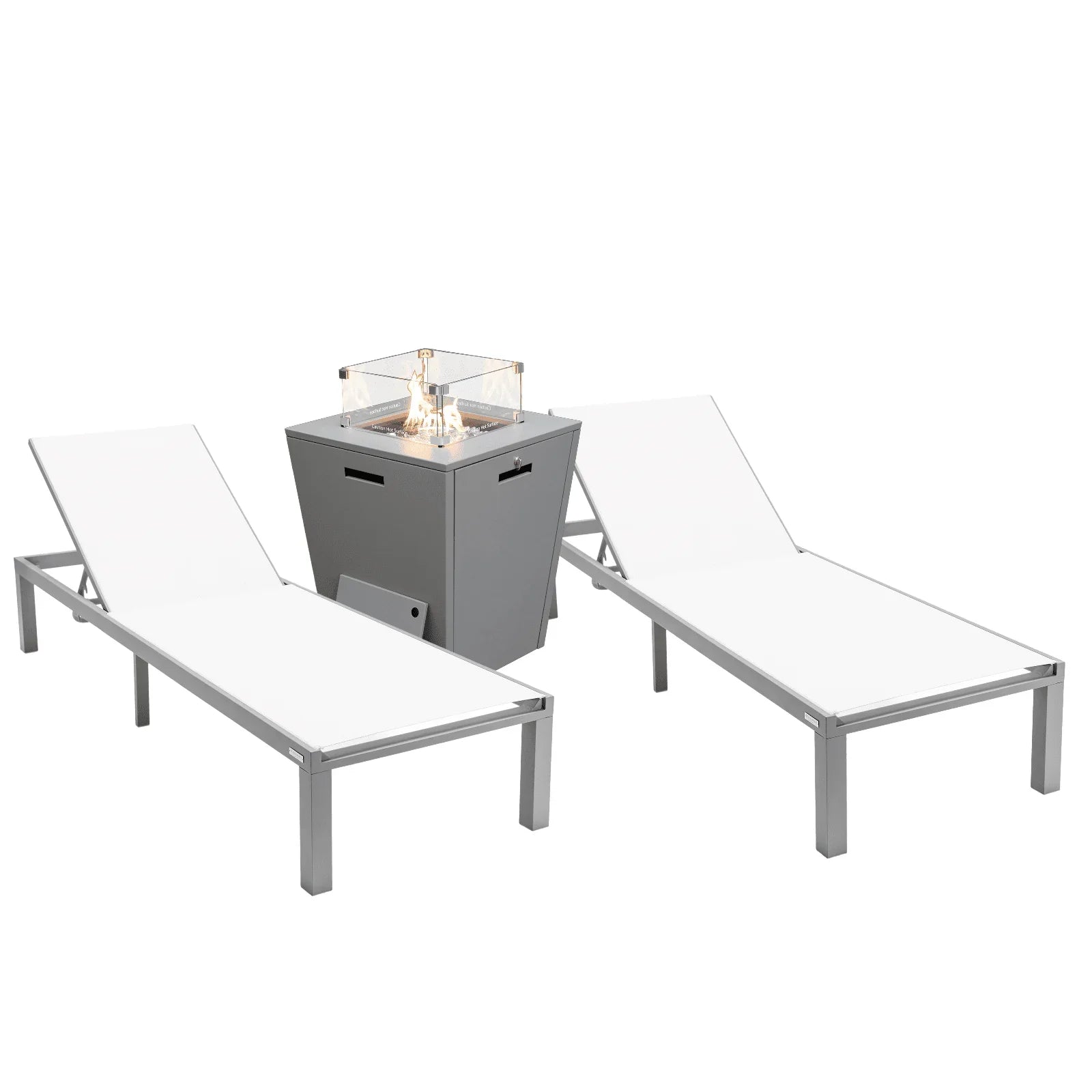 Marlin Modern Gray Aluminum Outdoor Chaise Lounge Chair With Square Fire Pit Side Table Set of 2 - Elax Furniture