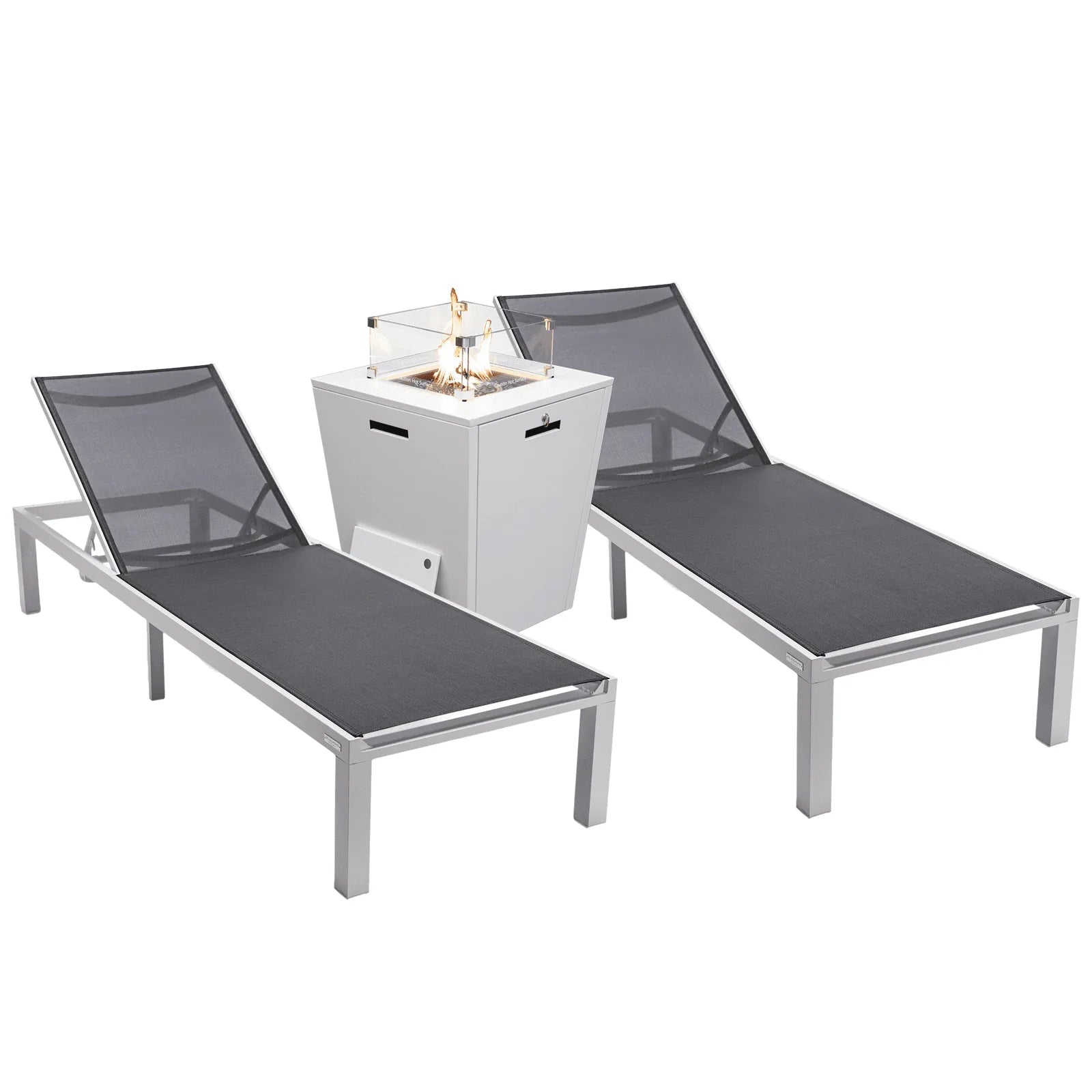 Marlin Modern White Aluminum Outdoor Chaise Lounge Chair With Square Fire Pit Side Table Set of 2 - Elax Furniture
