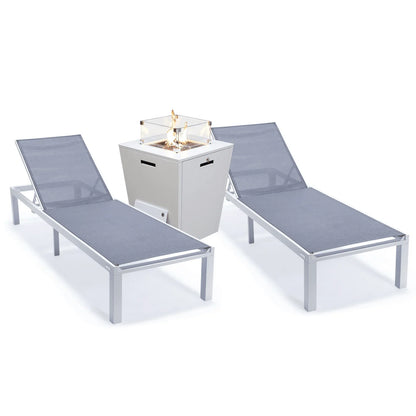 Marlin Modern White Aluminum Outdoor Chaise Lounge Chair With Square Fire Pit Side Table Set of 2 - Elax Furniture