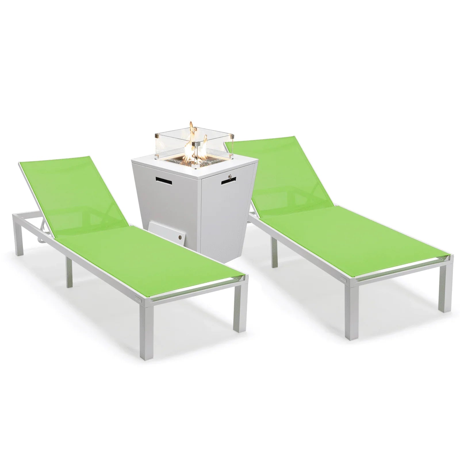 Marlin Modern White Aluminum Outdoor Chaise Lounge Chair With Square Fire Pit Side Table Set of 2 - Elax Furniture
