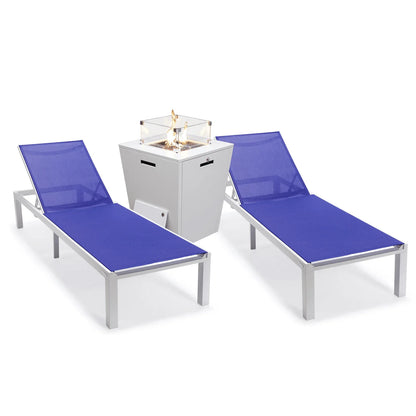 Marlin Modern White Aluminum Outdoor Chaise Lounge Chair With Square Fire Pit Side Table Set of 2 - Elax Furniture