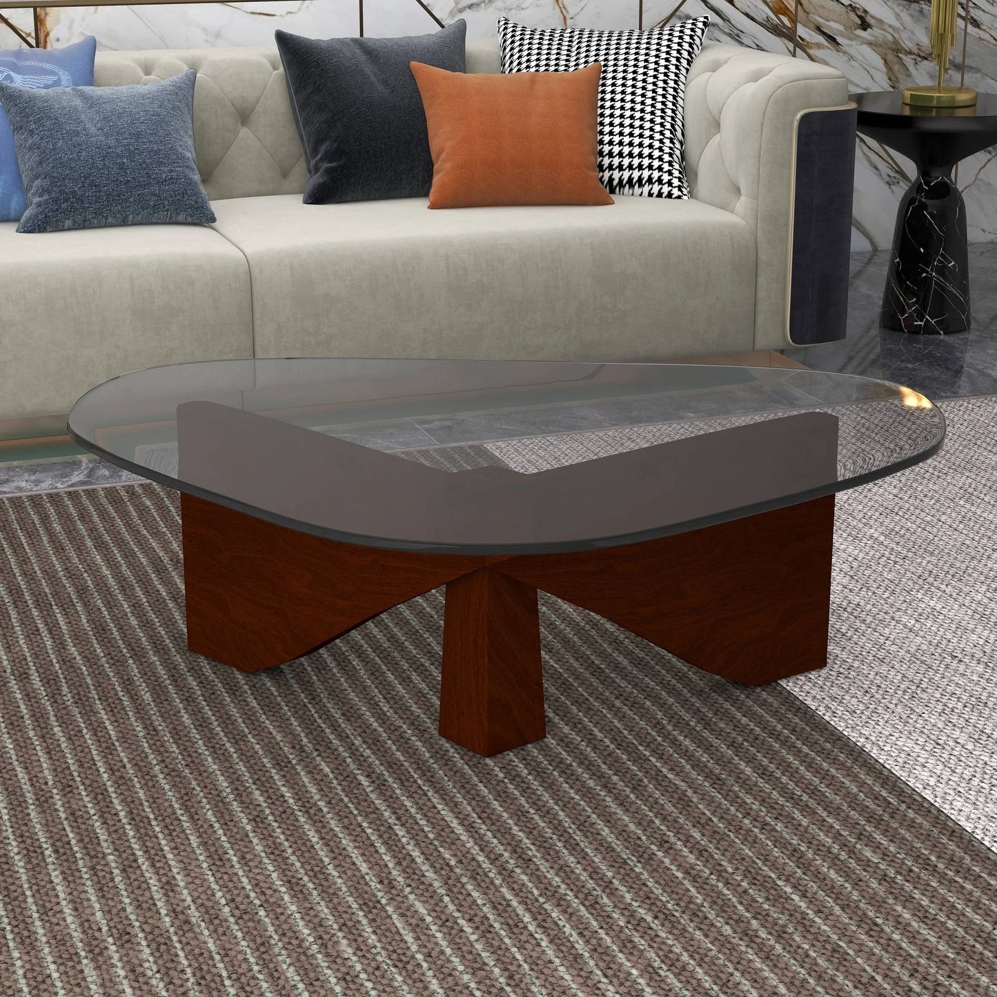 Imperial Triangular Coffee Table with a Glass Tabletop and Wood Base - Elax Furniture