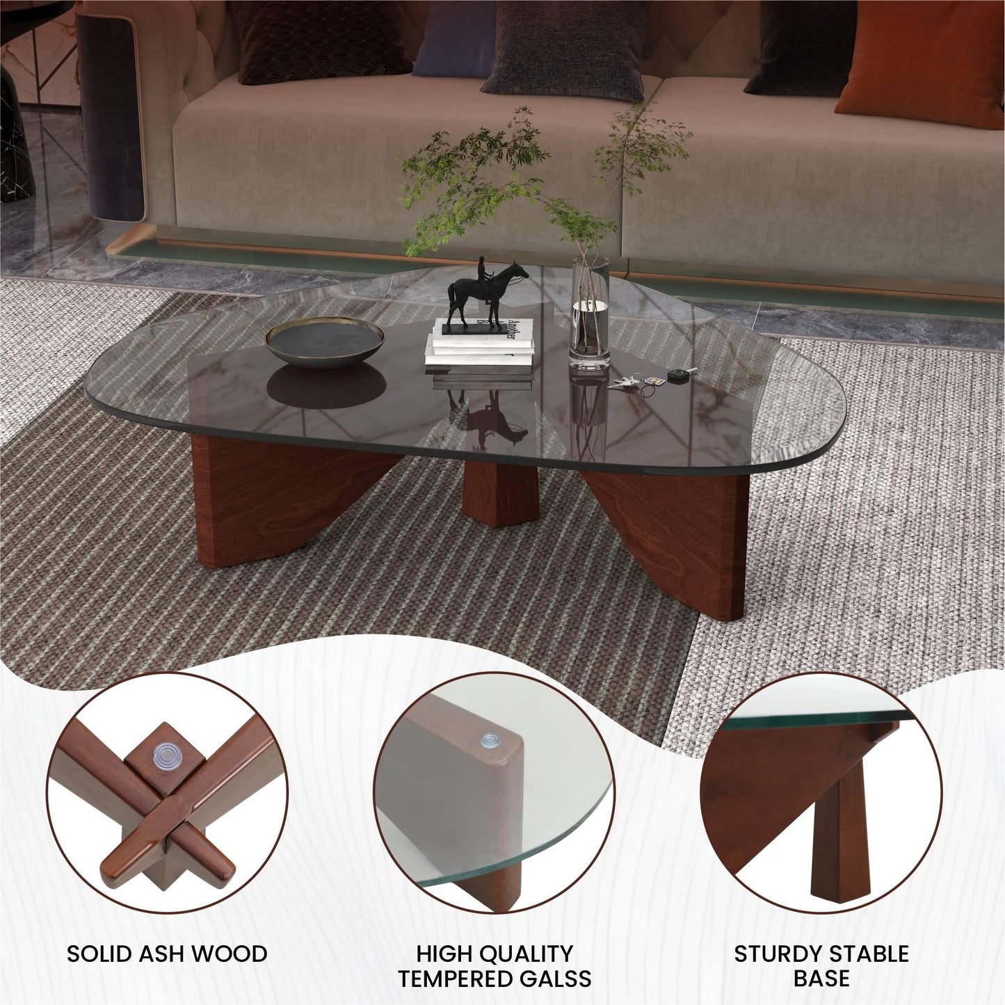Imperial Triangular Coffee Table with a Glass Tabletop and Wood Base - Elax Furniture