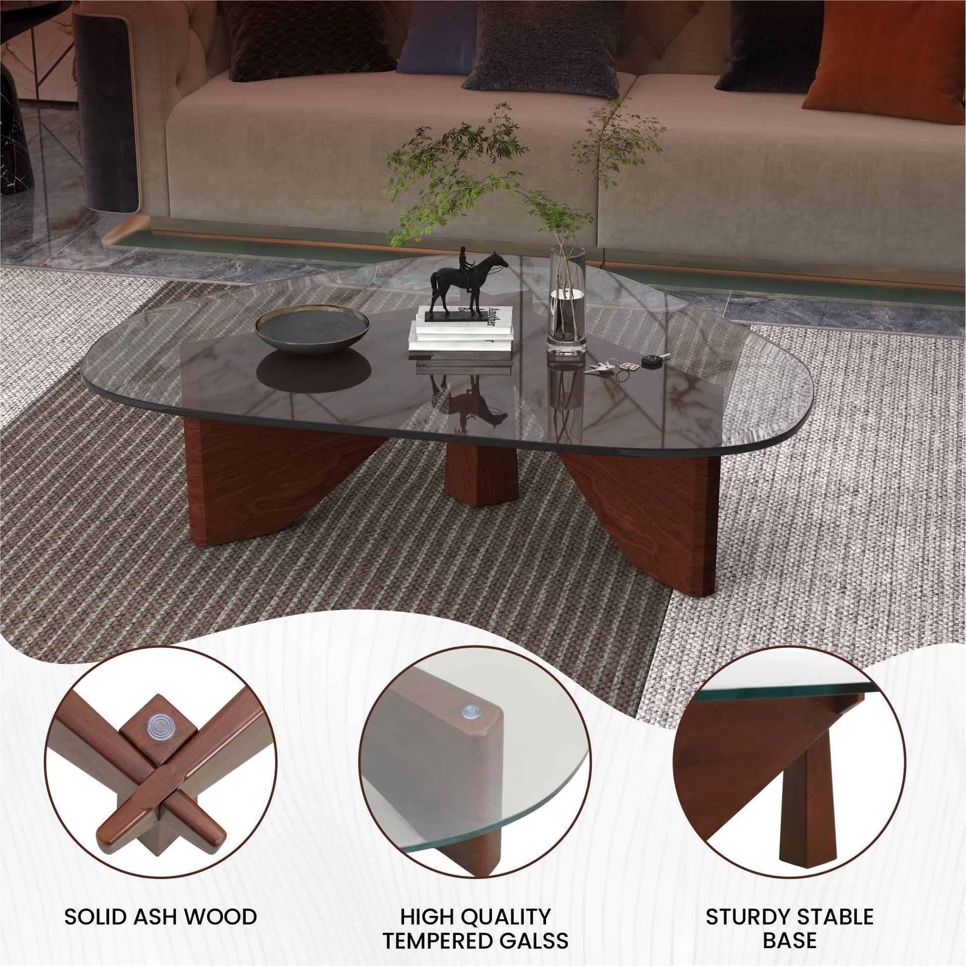 Imperial Triangular Coffee Table with a Glass Tabletop and Wood Base - Elax Furniture