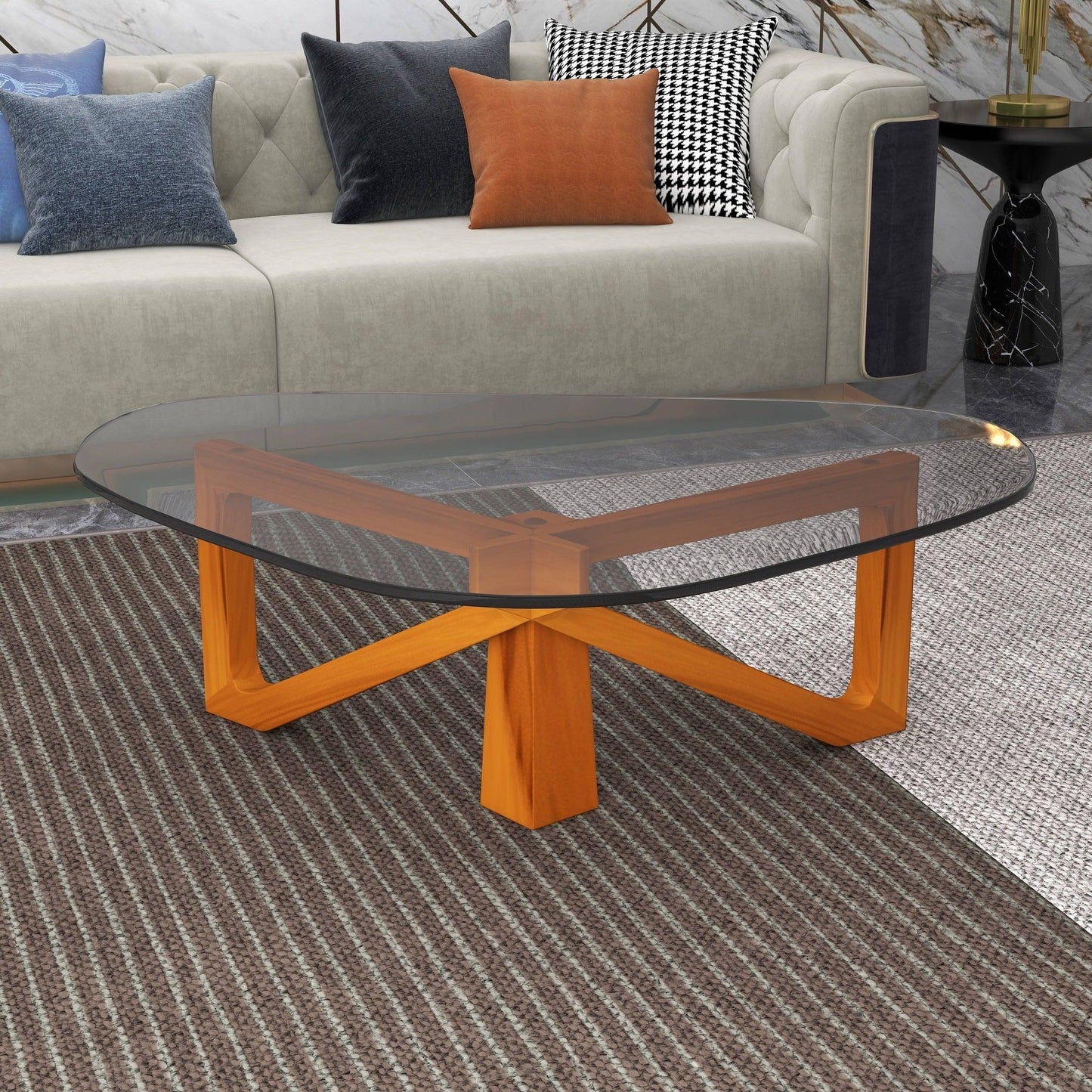 Imperial Triangular Coffee Table with a Glass Tabletop and Wood Base - Elax Furniture