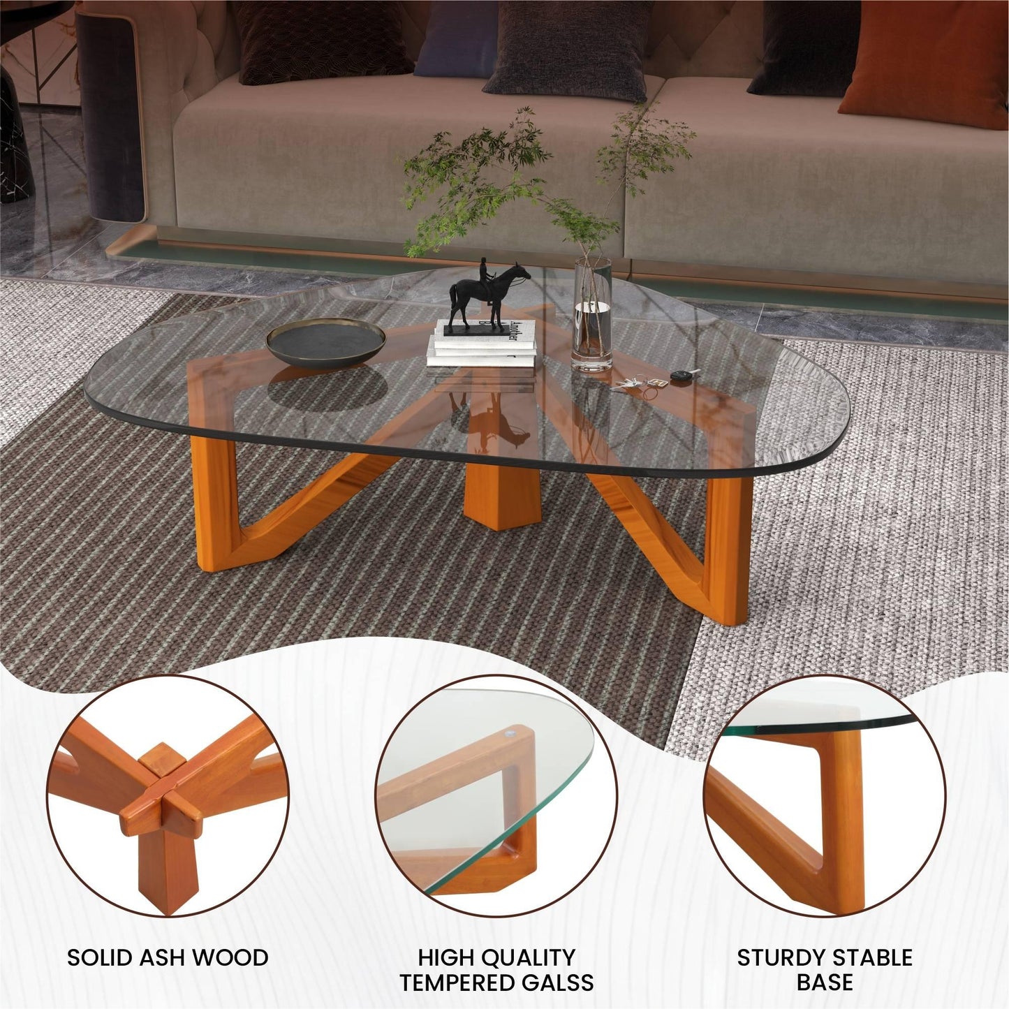 Imperial Triangular Coffee Table with a Glass Tabletop and Wood Base - Elax Furniture