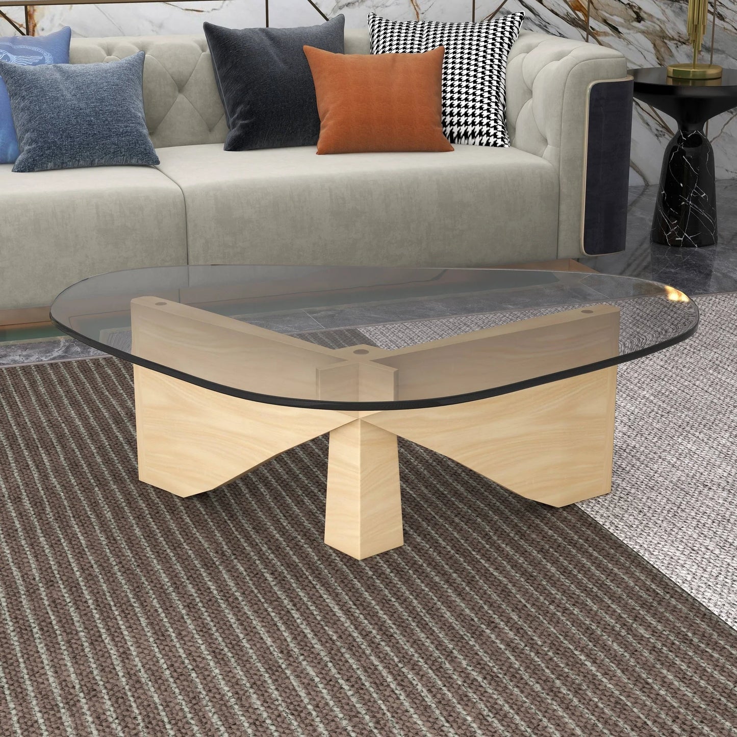Imperial Triangular Coffee Table with a Glass Tabletop and Wood Base - Elax Furniture