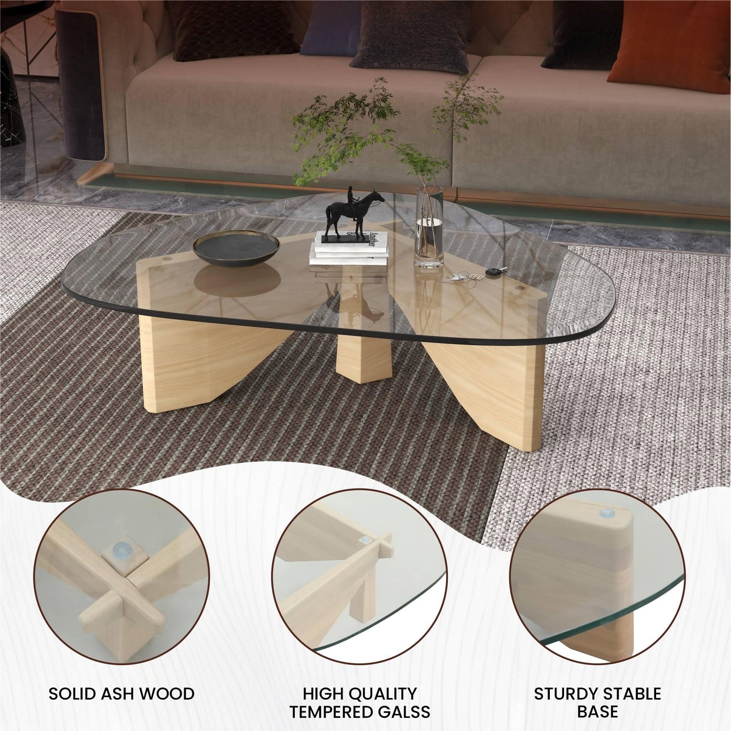 Imperial Triangular Coffee Table with a Glass Tabletop and Wood Base - Elax Furniture