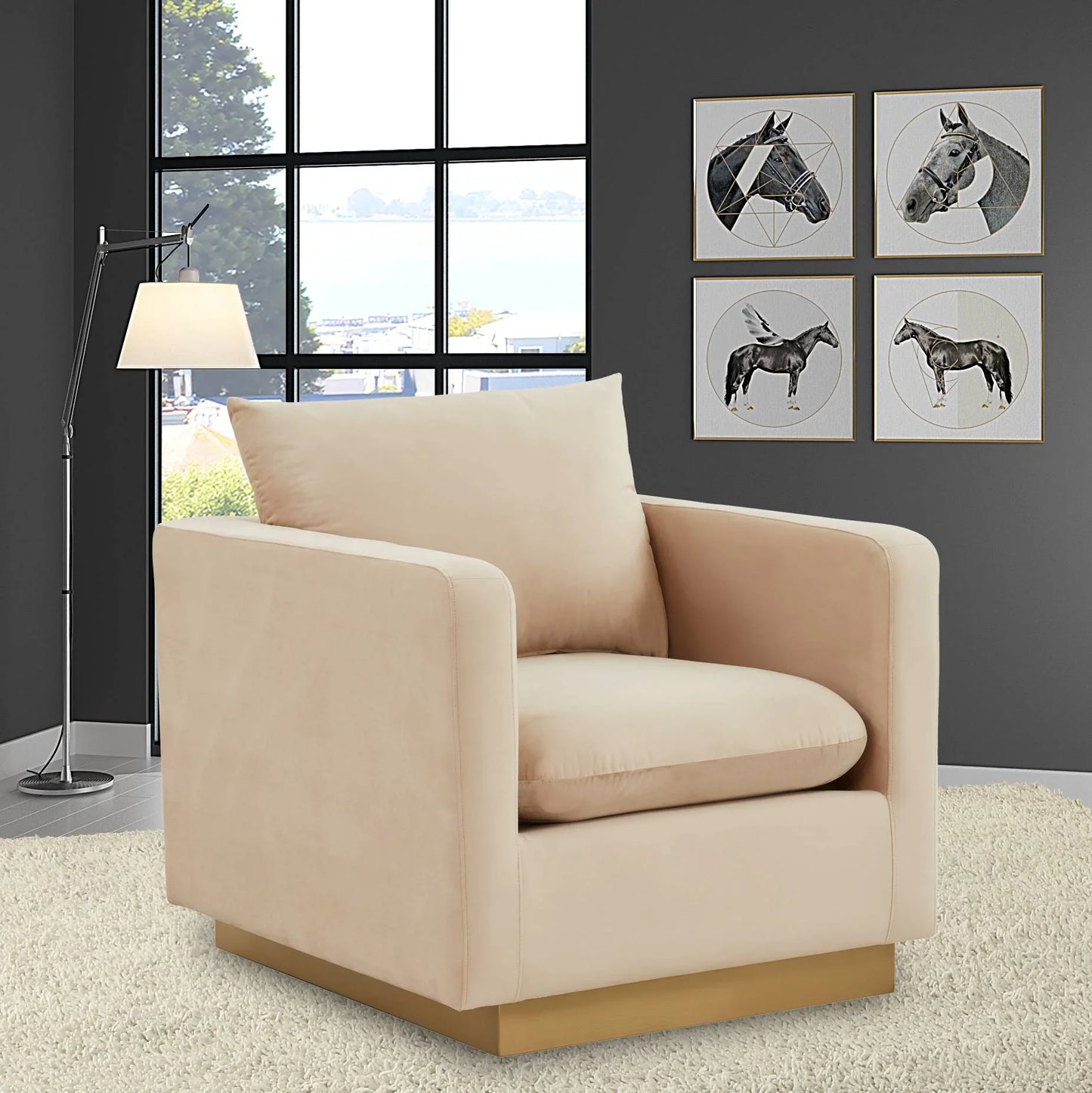 Nervo Modern Mid-Century Upholstered Velvet/Leather Accent Chair with Gold Base - Elax Furniture