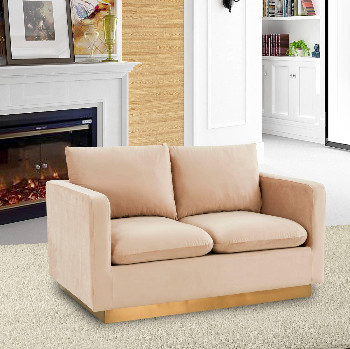 Nervo Upholstered Velvet/Leather Loveseat with Gold Stainless Steel Base - Elax Furniture