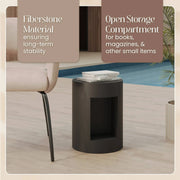 Nook 14" Wide Round Fiberstone Side Table With Open Storage Compartment - Elax Furniture