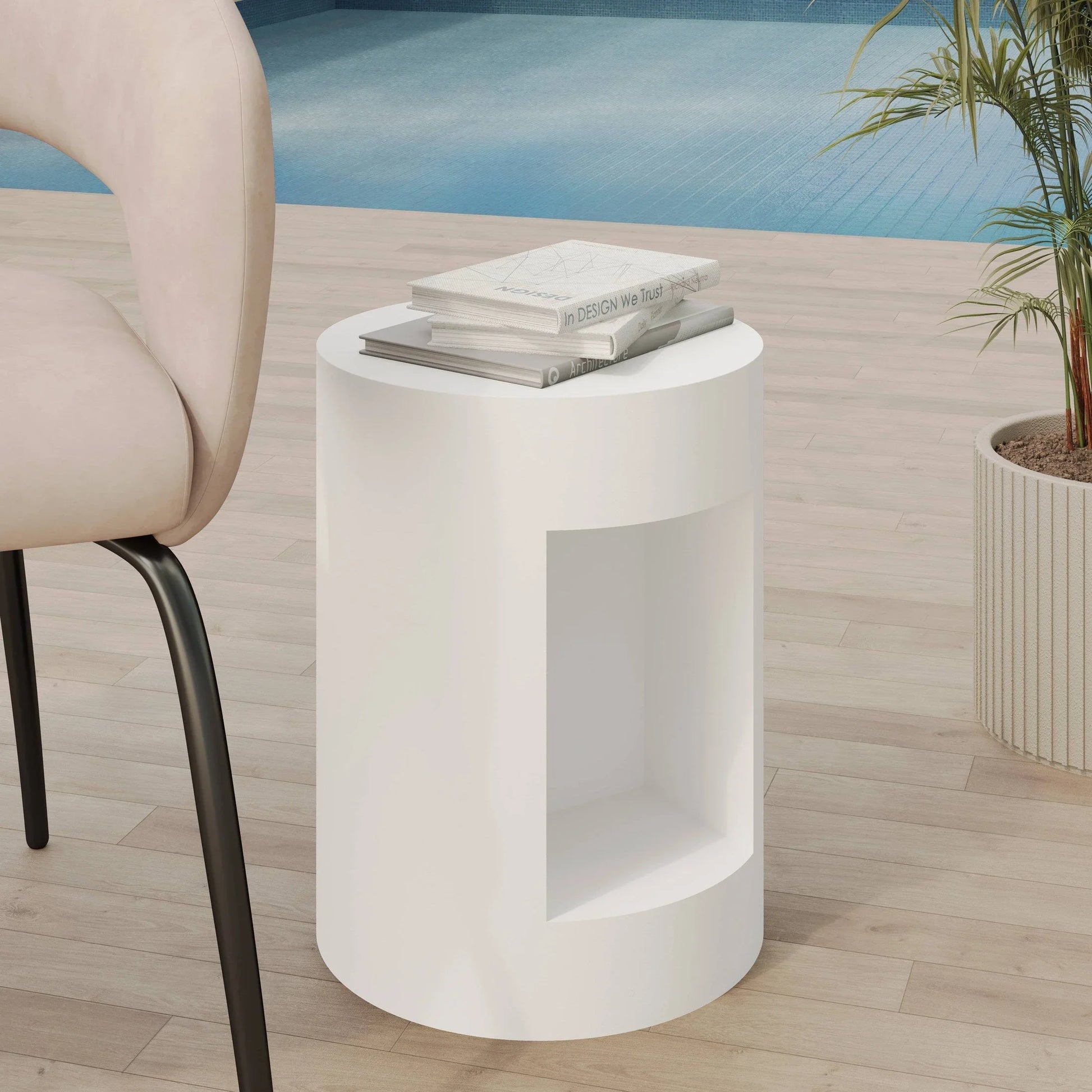 Nook 14" Wide Round Fiberstone Side Table With Open Storage Compartment - Elax Furniture