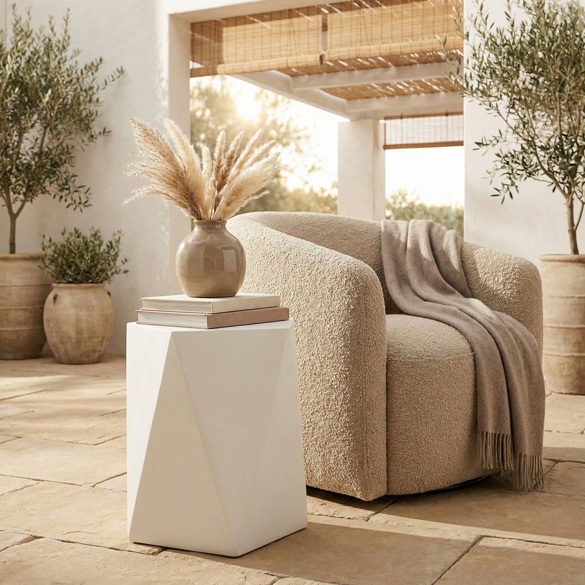 Nexovo Modern Round Fiberstone Side Table – Indoor Outdoor Accent Table