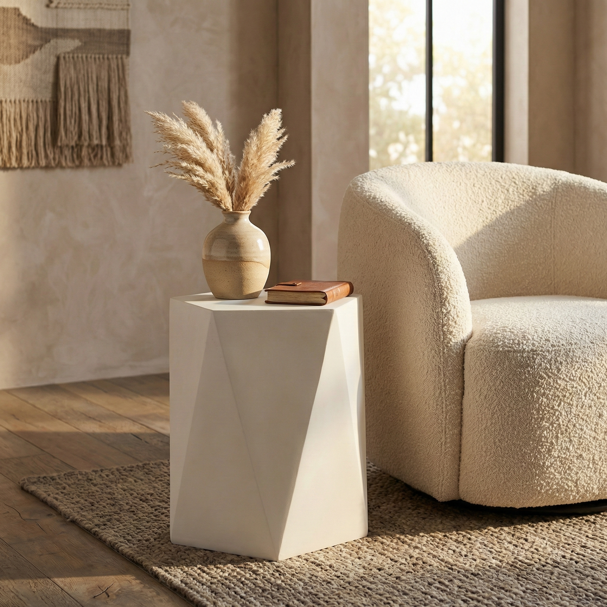 Nexovo Modern Round Fiberstone Side Table – Indoor Outdoor Accent Table