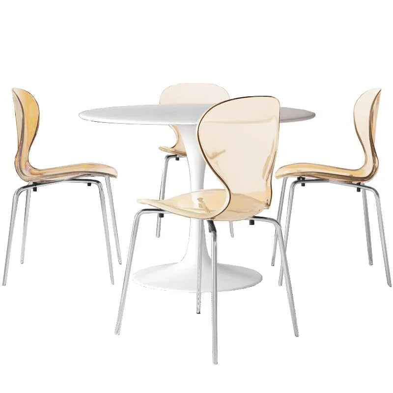 LeisureMod 5-Piece Dining Set Round White MDF Dining Table and 4 Acrylic Dining Chairs with Chrome Legs - Elax Furniture