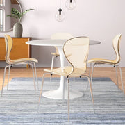 LeisureMod 5-Piece Dining Set Round White MDF Dining Table and 4 Acrylic Dining Chairs with Chrome Legs - Elax Furniture