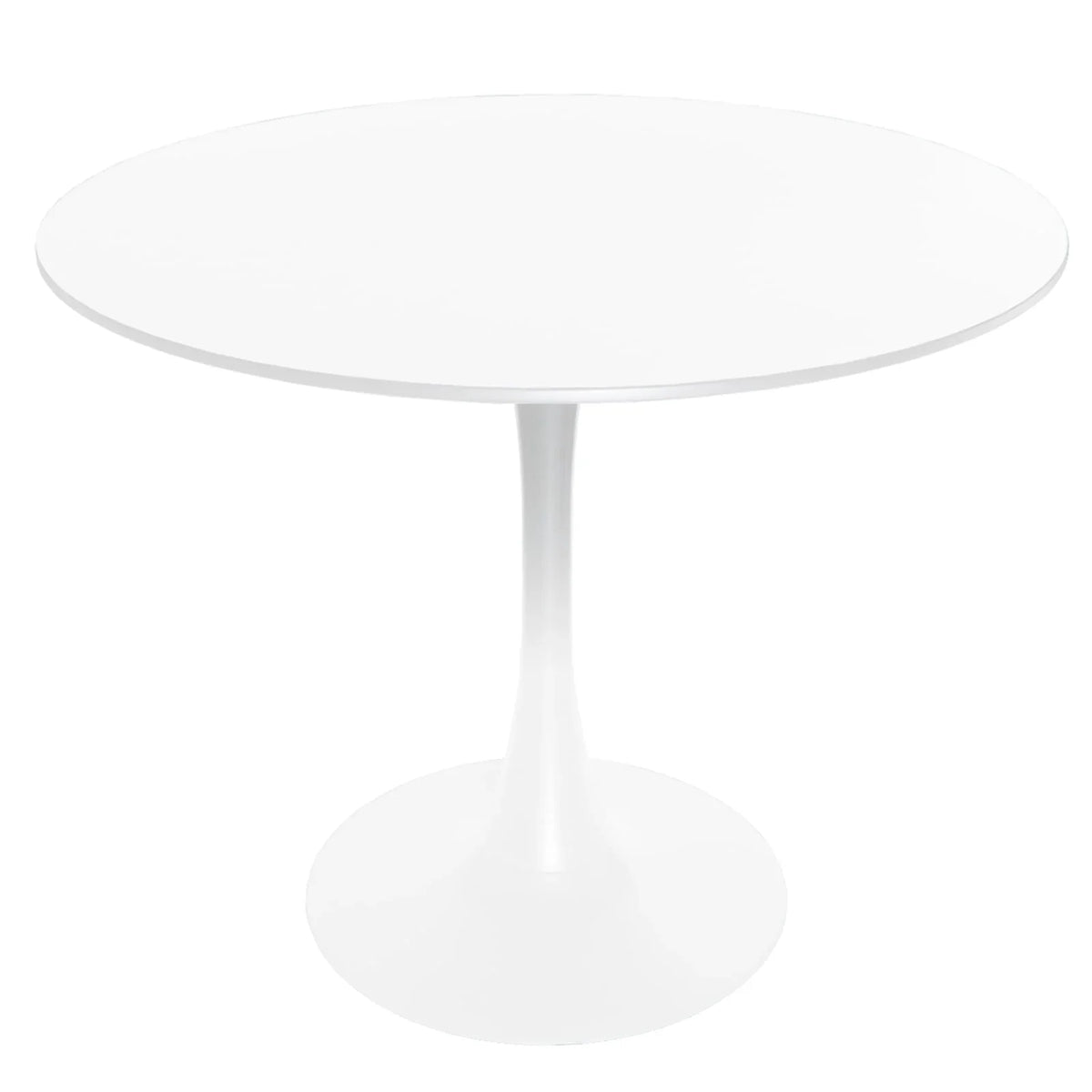 LeisureMod 5-Piece Dining Set Round White MDF Dining Table and 4 Acrylic Dining Chairs with Chrome Legs - Elax Furniture