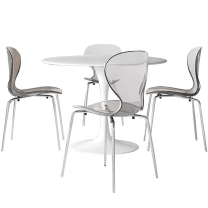 LeisureMod 5-Piece Dining Set Round White MDF Dining Table and 4 Acrylic Dining Chairs with Chrome Legs