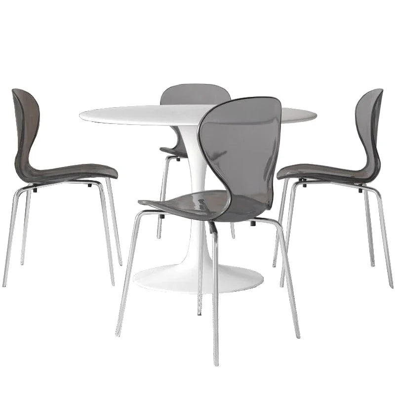 LeisureMod 5-Piece Dining Set Round White MDF Dining Table and 4 Acrylic Dining Chairs with Chrome Legs