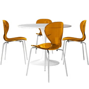LeisureMod 5-Piece Dining Set Round White MDF Dining Table and 4 Acrylic Dining Chairs with Chrome Legs