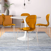 LeisureMod 5-Piece Dining Set Round White MDF Dining Table and 4 Acrylic Dining Chairs with Chrome Legs