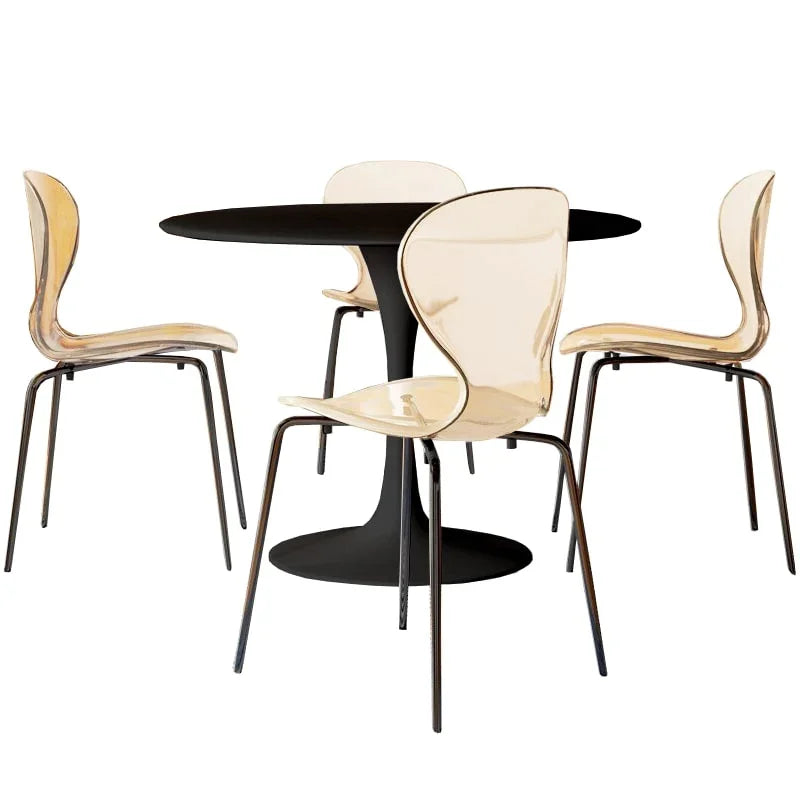 LeisureMod 5-Piece Dining Set Round Black MDF Dining Table and 4 Acrylic Dining Chairs with Chrome Legs - Elax Furniture