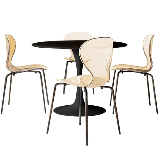 LeisureMod 5-Piece Dining Set Round Black MDF Dining Table and 4 Acrylic Dining Chairs with Chrome Legs - Elax Furniture