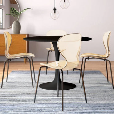 LeisureMod 5-Piece Dining Set Round Black MDF Dining Table and 4 Acrylic Dining Chairs with Chrome Legs - Elax Furniture