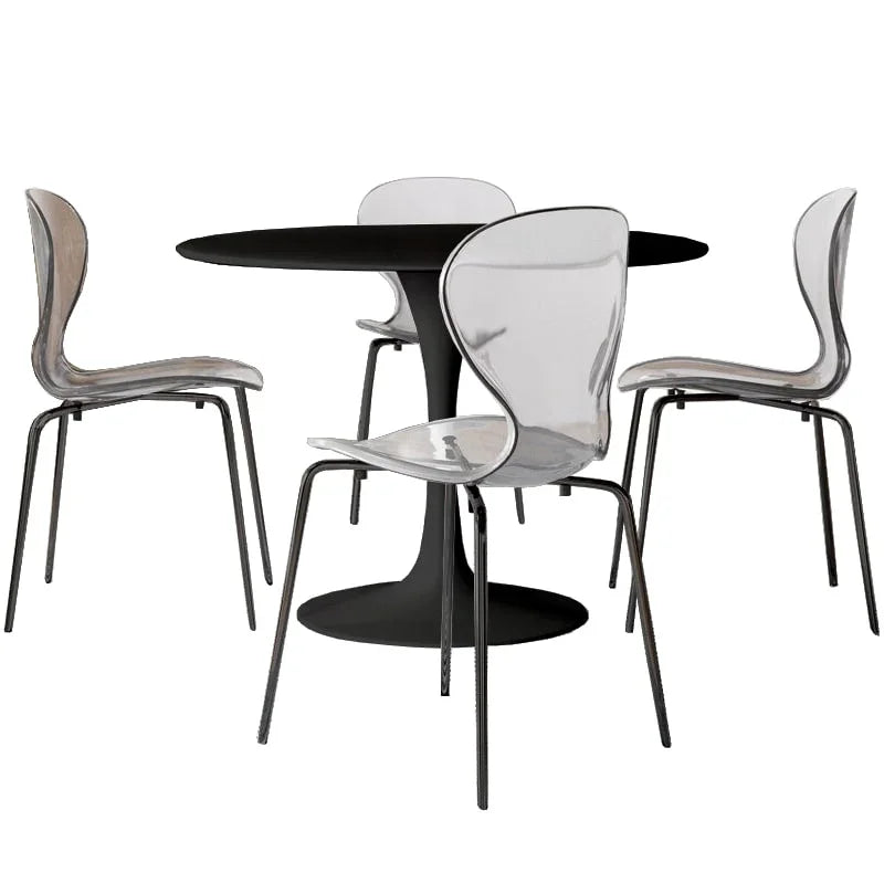 LeisureMod 5-Piece Dining Set Round Black MDF Dining Table and 4 Acrylic Dining Chairs with Chrome Legs - Elax Furniture