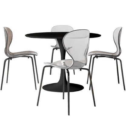LeisureMod 5-Piece Dining Set Round Black MDF Dining Table and 4 Acrylic Dining Chairs with Chrome Legs - Elax Furniture