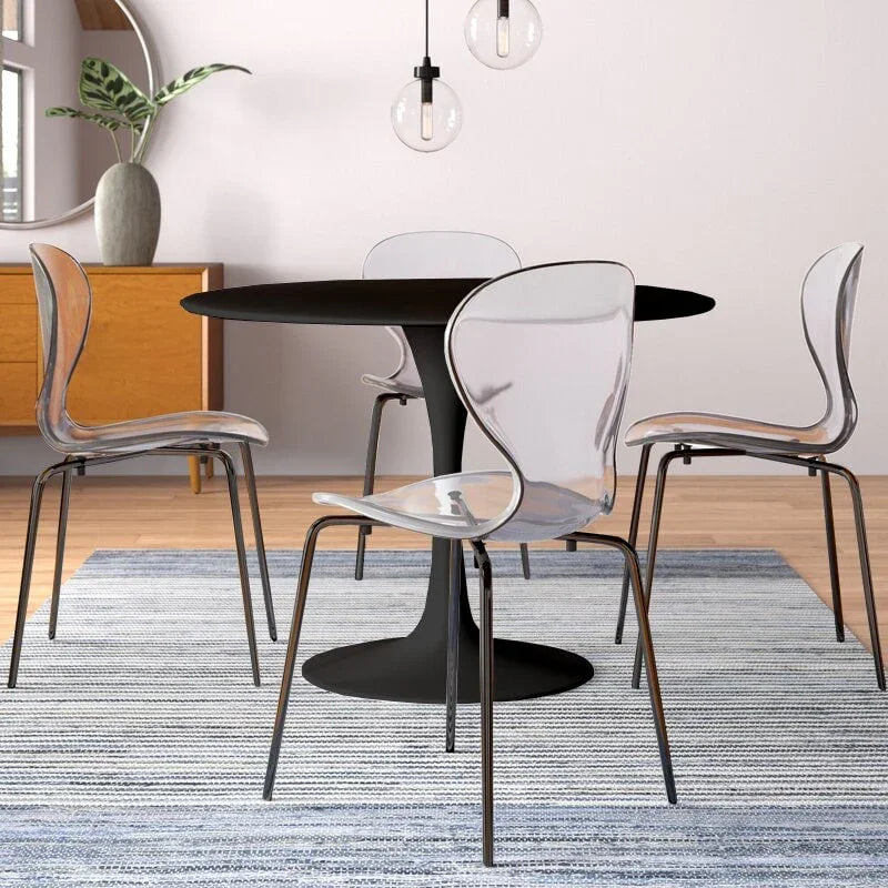 LeisureMod 5-Piece Dining Set Round Black MDF Dining Table and 4 Acrylic Dining Chairs with Chrome Legs - Elax Furniture