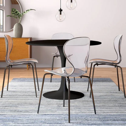 LeisureMod 5-Piece Dining Set Round Black MDF Dining Table and 4 Acrylic Dining Chairs with Chrome Legs - Elax Furniture