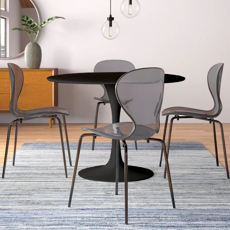 LeisureMod 5-Piece Dining Set Round Black MDF Dining Table and 4 Acrylic Dining Chairs with Chrome Legs - Elax Furniture