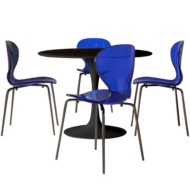 LeisureMod 5-Piece Dining Set Round Black MDF Dining Table and 4 Acrylic Dining Chairs with Chrome Legs - Elax Furniture